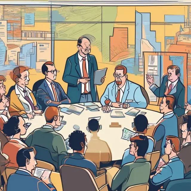 Shareholders and directors discussing company performance, voting on strategic matters, and considering future plans within a dynamic business environment
