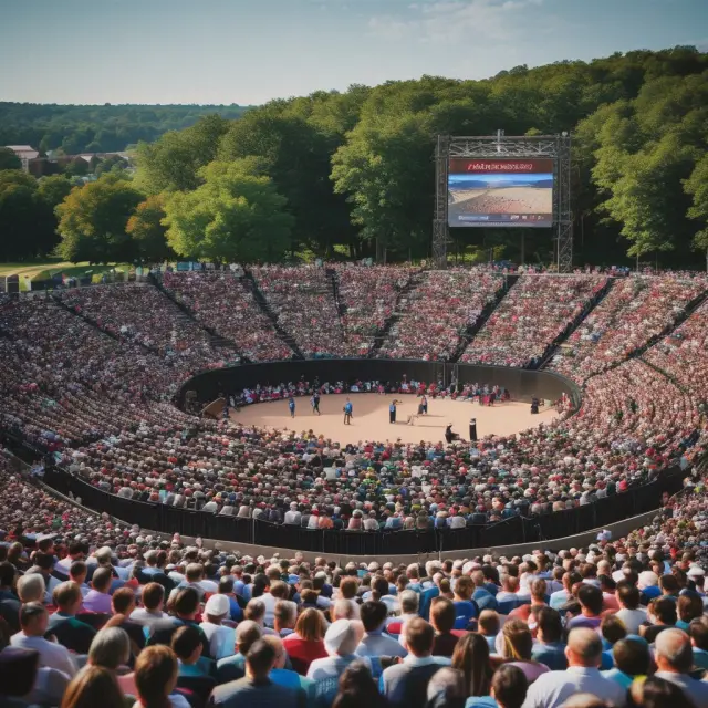 Warren Buffett addressing thousands of attendees at an iconic annual general meeting, representing historically significant events and inspiring investor confidence.