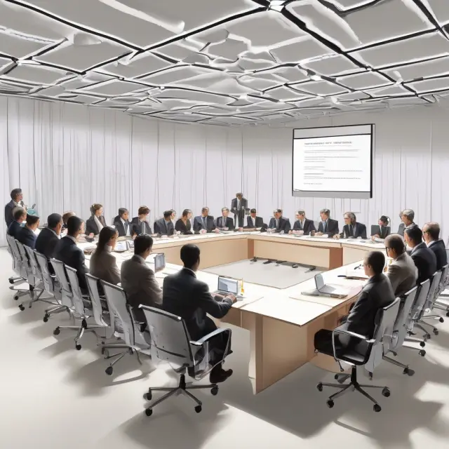 A well-lit stage with a transparent platform symbolizing transparency, attentive managers present, and engaged shareholders collaborating during an Annual General Meeting