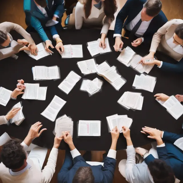 Institutional investors participating in an AGM: Shareholders gathered around a table with proxy cards, demonstrating their right to vote on company matters