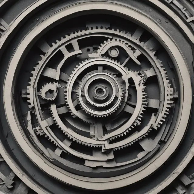 An intricate clockwork mechanism symbolizing the Basel II accord and AIRB systems, with gears representing various regulations and compliances driving an internal ratings machine
