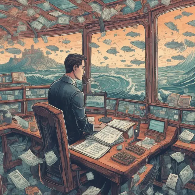 A banker skillfully navigates an intricate AIRB ship through vast financial waters, collaborating with stakeholders to ensure regulatory compliance and manage risks effectively.
