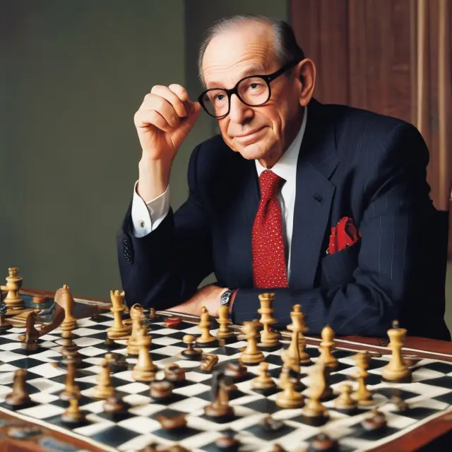 Alan Greenspan navigating a chessboard, representing his tenure at the Federal Reserve. Economic events are represented by pieces on the board.