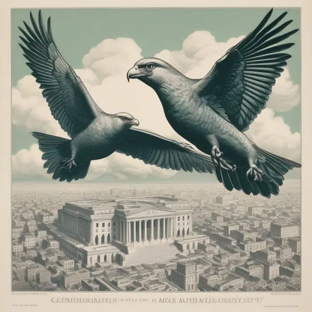 Alan Greenspan depicted as both a hawk, symbolizing his early stance against inflation, and a dove, representing his later flexible monetary policy approach.