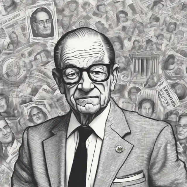 Alan Greenspan holding a shield to protect the turbulent stock market