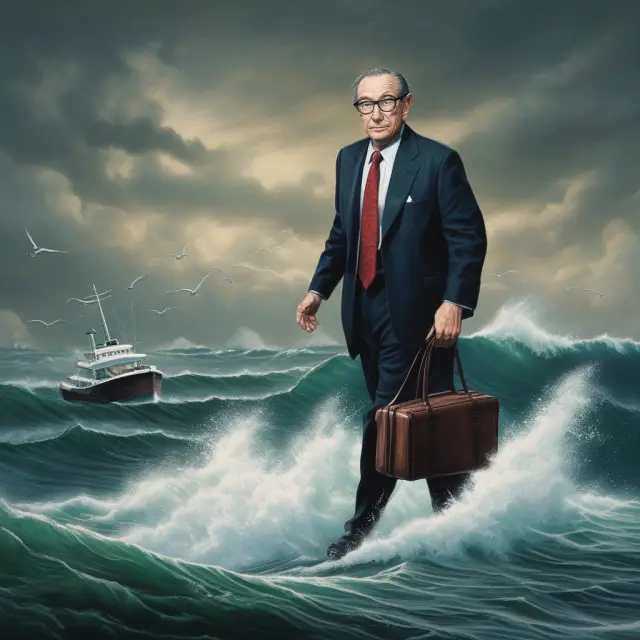 Alan Greenspan navigating a stormy sea, symbolizing his tenure at the Federal Reserve and economic successes with criticisms.