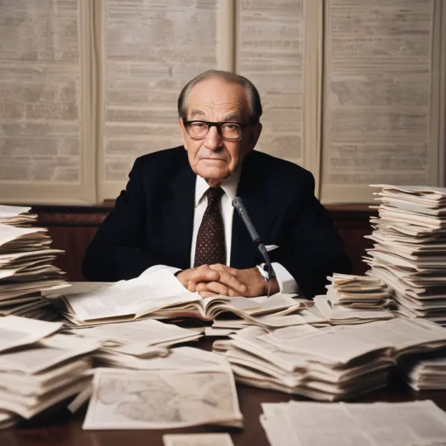 Former Fed Chair Alan Greenspan contemplating his impact on U.S. monetary policy amidst economic data and financial charts