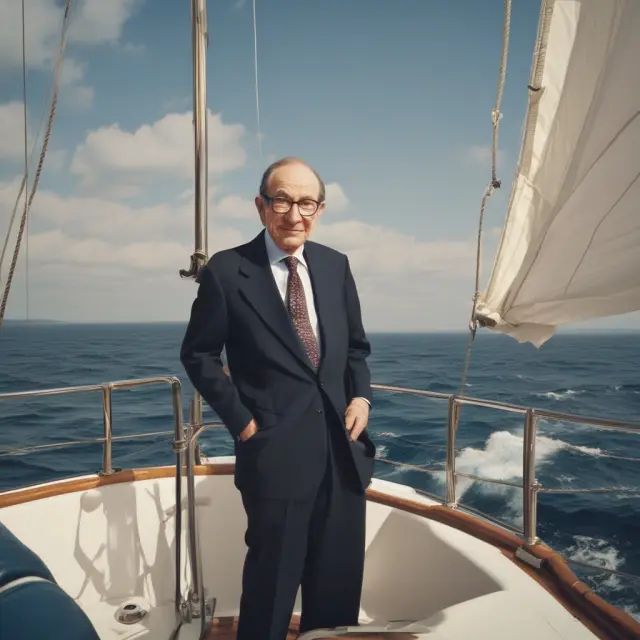 A depiction of Alan Greenspan at the helm of a ship navigating treacherous economic waters, symbolizing his tenure as Federal Reserve chair
