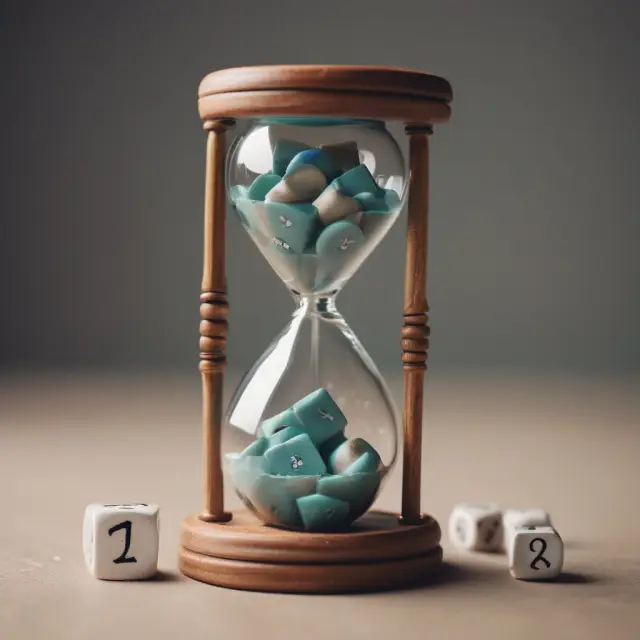 Dice symbolizing uncertain events in insurance, with an hourglass representing annuity payments