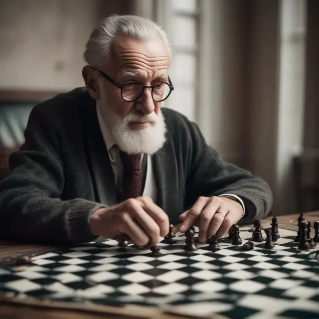 Old man rolling dice on a chessboard representing uncertain aleatory contracts and the importance of risk assessment. An hourglass beside him underlines time