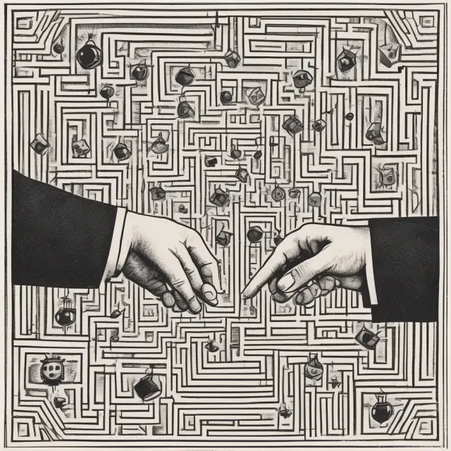 Parties shaking hands with dice: An aleatory contract involves accepting risk within a complex, labyrinthine financial arrangement.