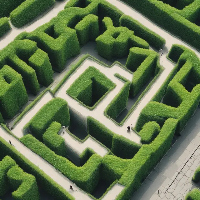 A labyrinthine maze of green vines represents annuity contracts, with one person entering and another providing guidance as they navigate complexities