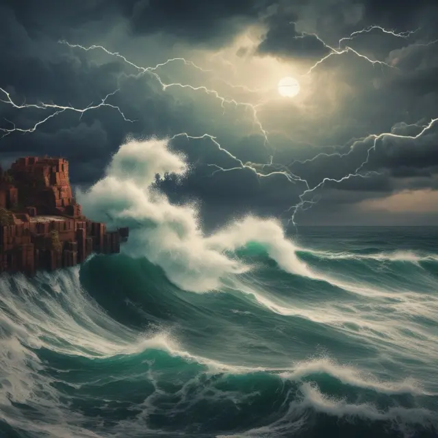 A metaphorical depiction of a market storm causing turbulence in the sea of financial charts, representing flash crashes.