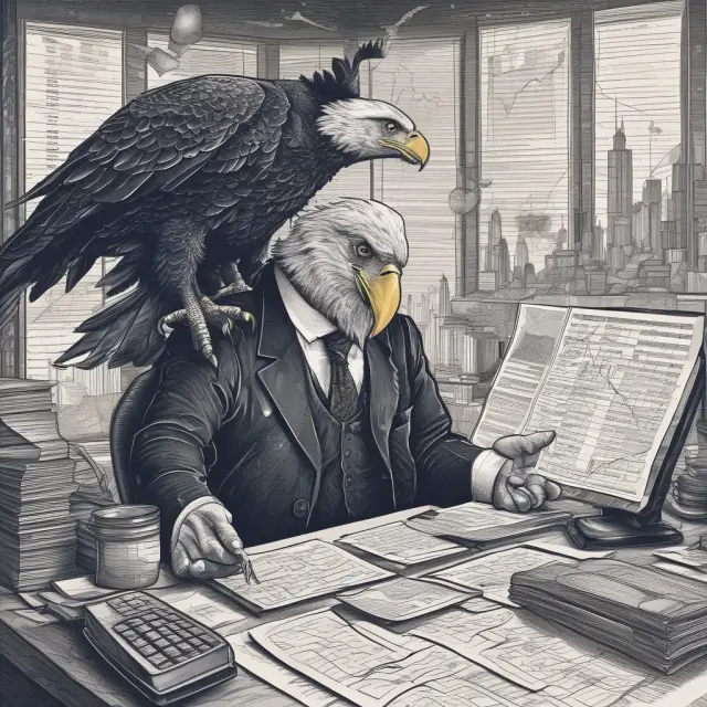 An algorithmic eagle, symbolizing speed and efficiency, scans data against a human trader thoughtfully examining stock charts, representing emotional intelligence and flexibility.