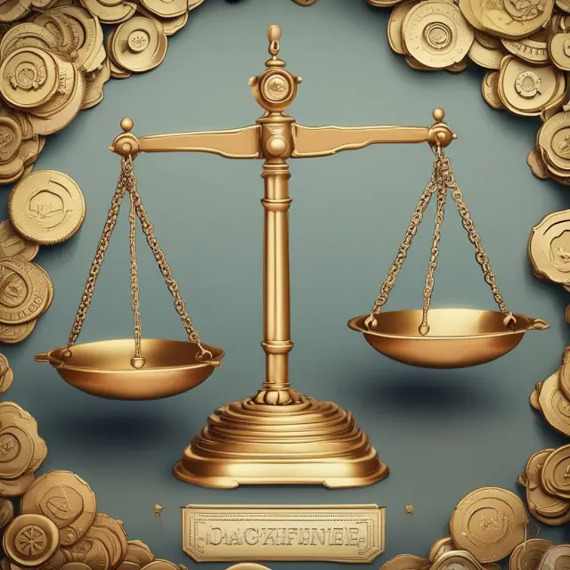 Balance scale for insurance loss reserves, featuring gold coins for claims and intricate gears representing adjustment expenses