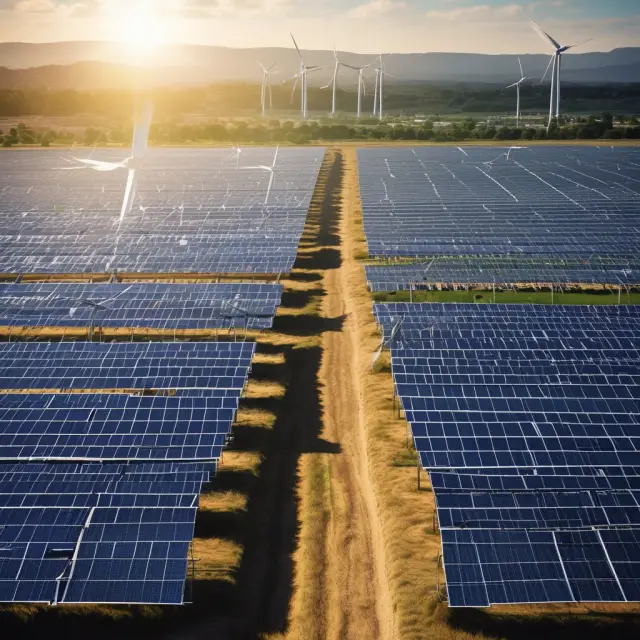 An efficient market with interconnected solar panels and wind turbines symbolizing the importance of allocational efficiency in sustainable investing and green finance.