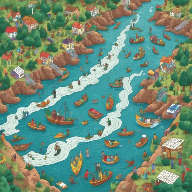Underwriters distribute puzzle piece shares into a flowing river, symbolizing Initial Public Offerings (IPOs) and the process of share allotment