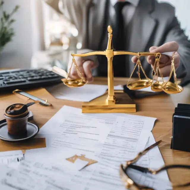 An accountant weighing receivables against an allowance for bad debts on a set of golden scales