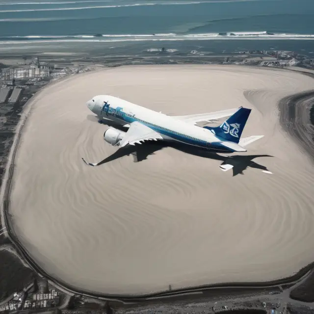 A Boeing aircraft atop an undulating statistical wave, representing the company