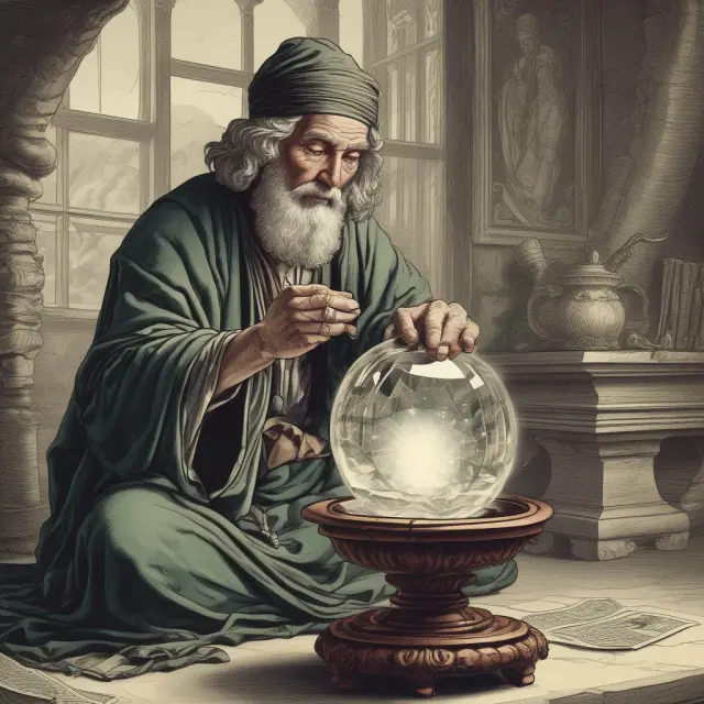 An ancient sage ponders future credit losses for the banking industry using a crystal ball filled with financial data