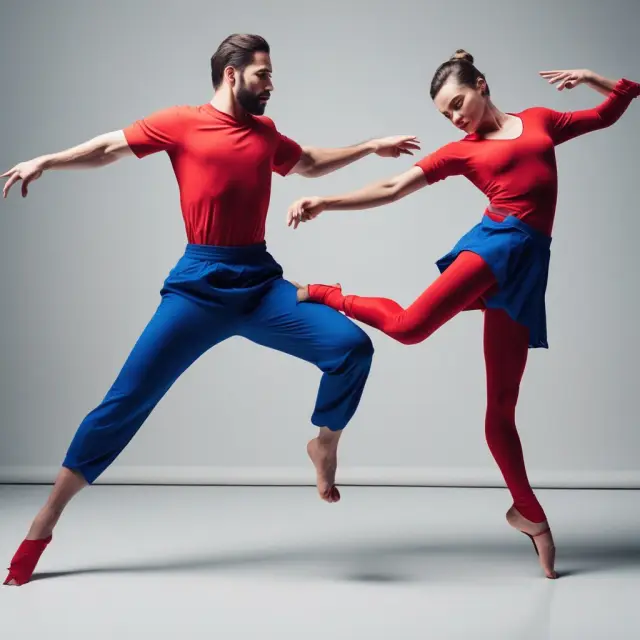 Two dancers, one in red symbolizing Alpha, the other in blue representing Beta. They perform a choreographed dance illustrating risk management and portfolio optimization.
