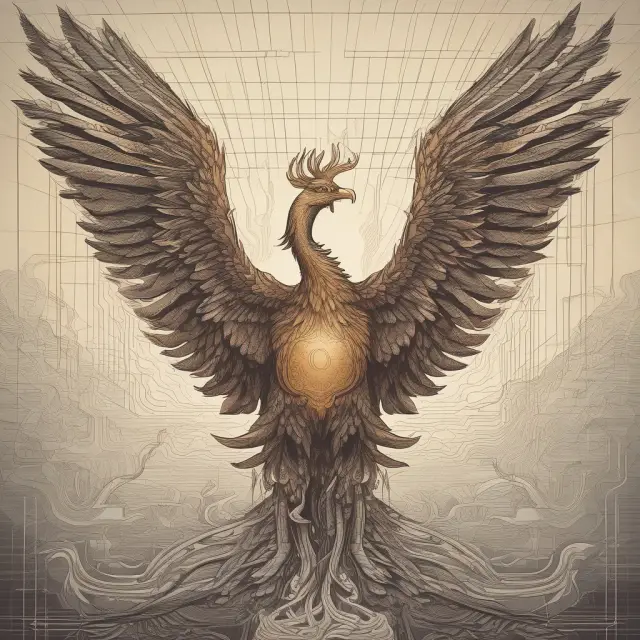 A dual-headed mythical bird emerging from a tangled web of stock charts, representing company transformation through alphabet stocks with a complex capital structure.