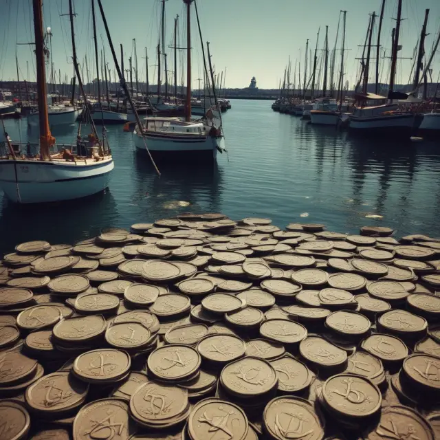 An image of a tranquil harbor with various stablecoins securely anchored to the seabed.