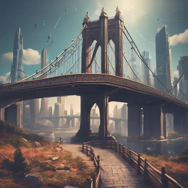 Security tokens represented as fortified towers joining traditional finance and cryptocurrencies on a bridge.