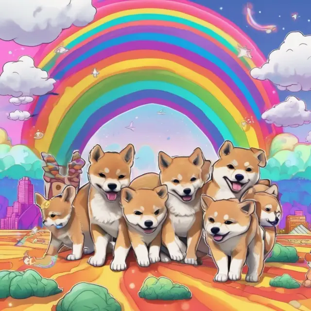 Meme coins represented by Shiba Inus crossing a rainbow bridge connecting Bitcoin and Ethereum, illustrating their role as a connection between cryptocurrencies.