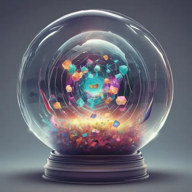 Crystal ball filled with interconnected altcoins representing future developments in the cryptocurrency market.
