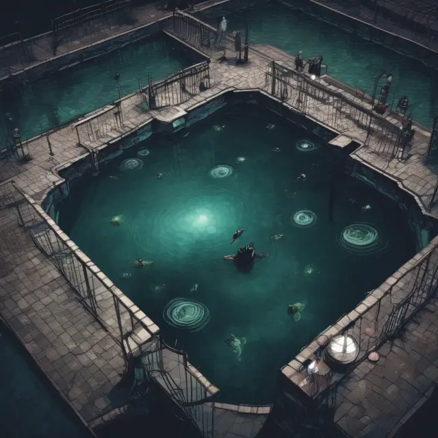 A mysterious dark pool with regulators examining its contents, symbolizing transparency and oversight in alternative trading systems.