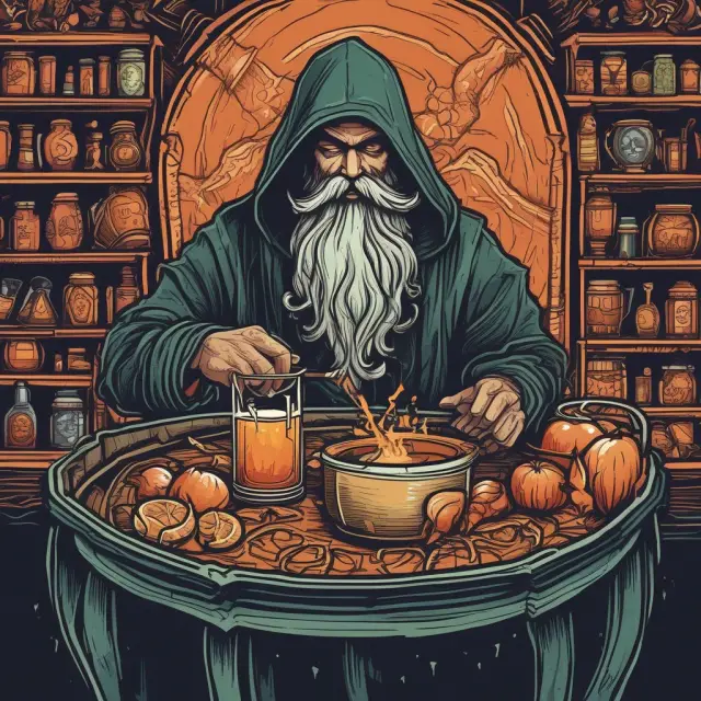 An alchemist stirring a bubbling cauldron filled with various ingredients symbolizing alternative investments, emphasizing their role in diversifying and enhancing portfolio performance.