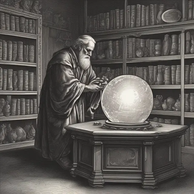 Scholar examining crystal ball with data streams symbolizing financial ratios leading to Altman Z-Score calculation