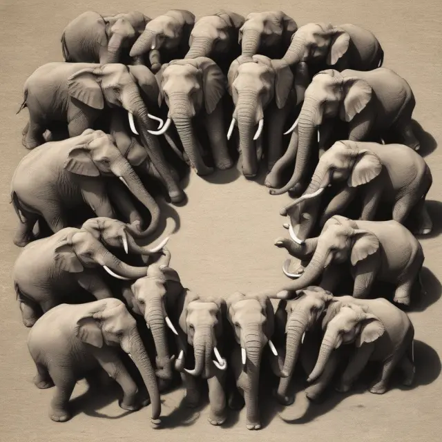 A group of two large elephants joining forces to form a circular entity, symbolizing business amalgamation through pooling interests or purchase method.
