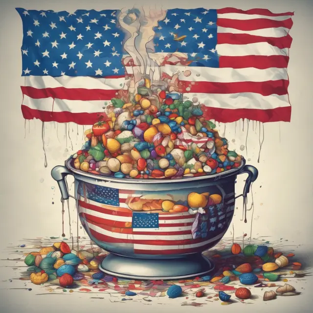 A melting pot symbolizing the American Dream filled with golden apples (freedom), scales (equality), and a ladder (opportunity)