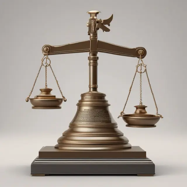 A scale balancing freedom (liberty bell) and opportunities (mountain of chances) against challenges (stormy seas).