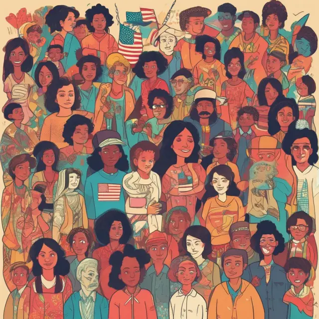 A colorful kaleidoscope with immigrants from diverse backgrounds merging to create the American dream.