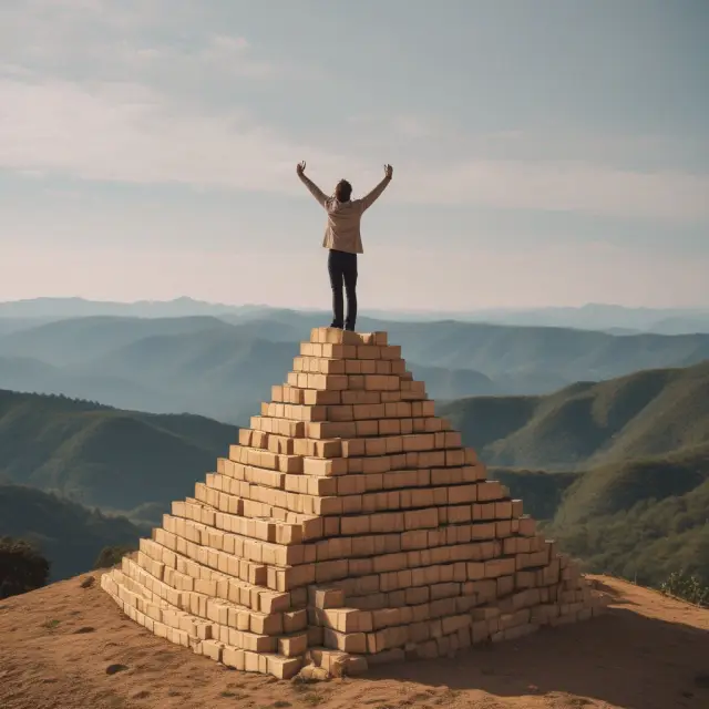 Homeowner triumphantly standing on a mountain of golden bricks, representing financial stability and the American dream