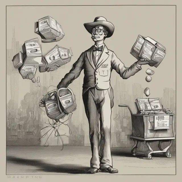 A juggler gracefully balances AmEx merchant fees (left) and annual card fees (right), symbolizing the balance between processing services revenue and premium perks for consumers.