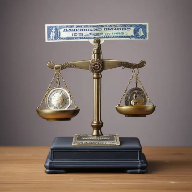 American Express card placed on a balance scale with rewards symbols on one side and fee currency symbols on the other, emphasizing the benefits and costs.