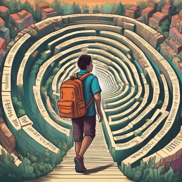 Student in a labyrinth, finding eligibility for AOTC with a compass and book-packed backpack