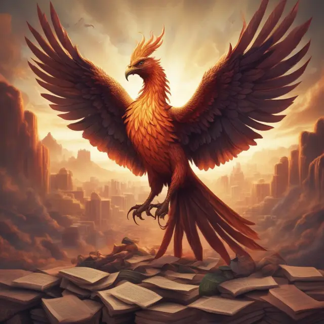 Phoenix rising from a stack of books and tuition bills, illustrating tax savings through the American Opportunity Tax Credit