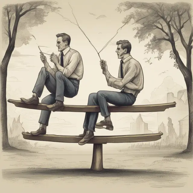 Investors on a seesaw: one captures profits with call options, while the other protects against losses with puts in American-style option trading.