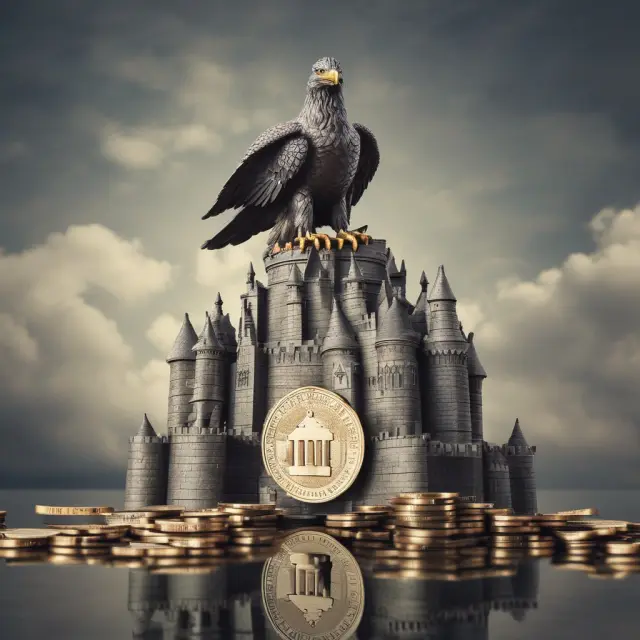 An American eagle ponders between a European castle and a gold coin, representing the decision between American and European options in investing.