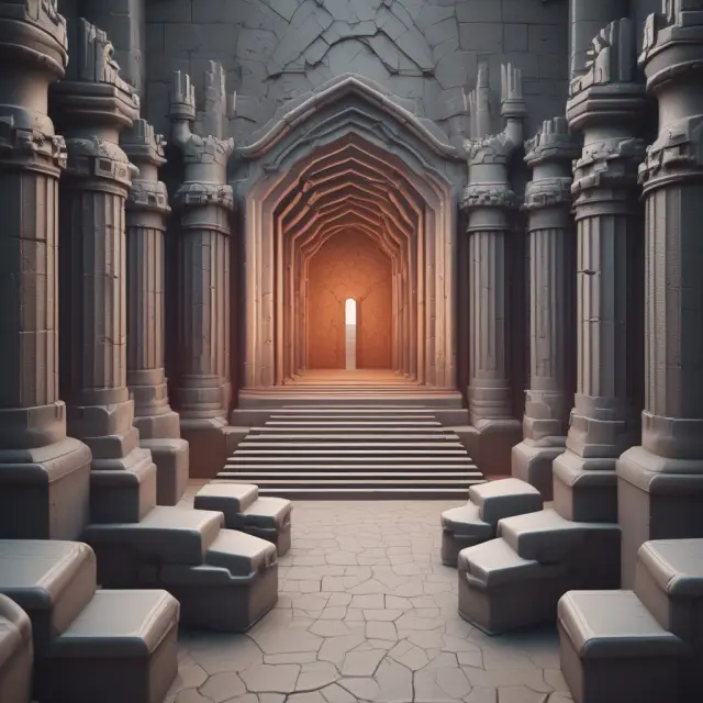 An impenetrable fortress safeguarded by six tall pillars representing policies, procedures, and reporting in anti-money laundering compliance.