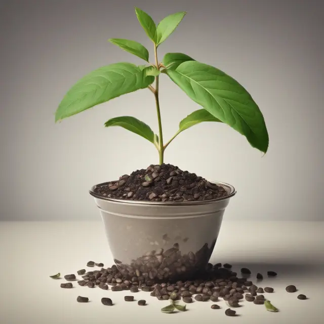 A garden with intangible assets represented by various seeds, blooming under the sun (profitability), while their amortization watering the earth (financial statements).