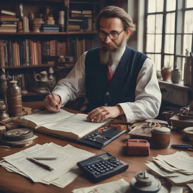 An alchemist using a calculator to create an amortization schedule for mortgage or car loan payments, illustrating the breakdown between principal and interest components