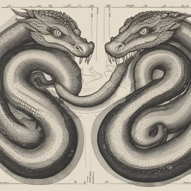 Two serpents symbolizing Straight-Line Method (SLM) and Effective-Interest Method (EIM) coiled around an amortized bond, illustrating their differences in accounting for bond premiums and discounts