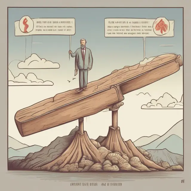 A person balancing on a tightrope representing amortized loans, with one hand grasping stability (benefits) and the other danger (drawbacks)