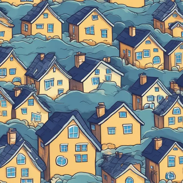 A serene ocean with waves representing changing interest rates influencing mortgage payments, with two rowboats symbolizing different borrowers navigating their financial journeys